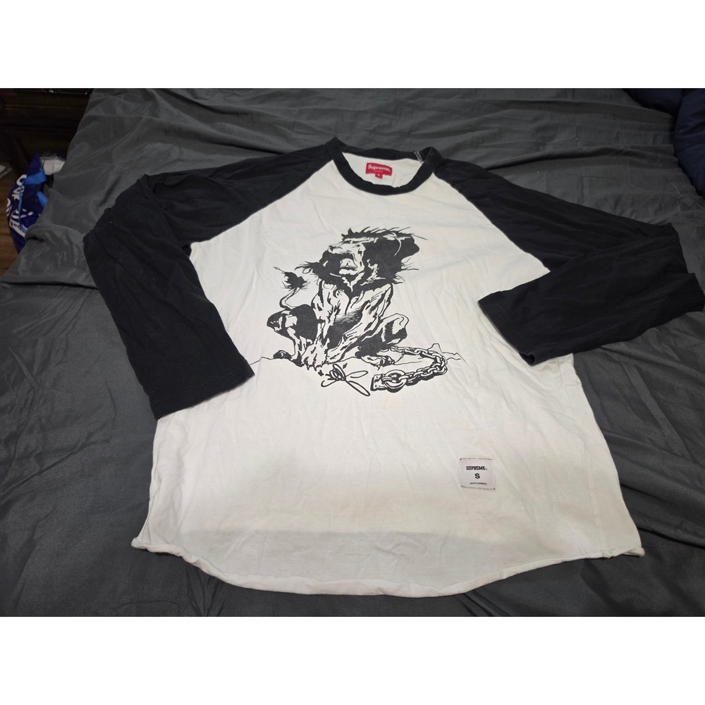 Supreme Chained Lion Raglan Baseball Tee White Black Long Sleeve Small